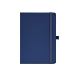 Carnet A5 en cuir synthétique recyclé avec fermeture élastique et pages lignées couleur bleu marine vue frontale