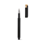 Stylo roller en aluminium recyclé et bambou avec encre bleue couleur noir troisième vue