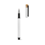 Stylo roller en aluminium recyclé et bambou avec encre bleue couleur blanc troisième vue
