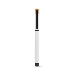 Stylo roller en aluminium recyclé et bambou avec encre bleue couleur blanc vue frontale