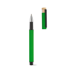 Stylo roller en aluminium recyclé et bambou avec encre bleue couleur vert troisième vue