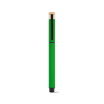 Stylo roller en aluminium recyclé et bambou avec encre bleue couleur vert vue frontale