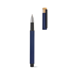 Stylo roller en aluminium recyclé et bambou avec encre bleue couleur bleu marine troisième vue
