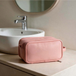 Trousse de toilette suspendue en cuir synthétique recyclé avec crochet et trois compartiments couleur rose vue d'ambiance