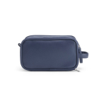 Trousse de toilette suspendue en cuir synthétique recyclé avec crochet et trois compartiments couleur bleu marine vue frontale