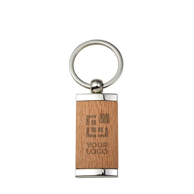 Porte-clés en bambou en forme rectangulaire avec boîtier en métal
