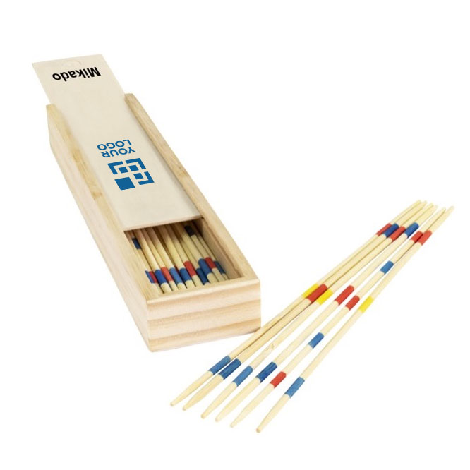 Mikado publicitaire pas cher dans une boîte en bois Miniwood