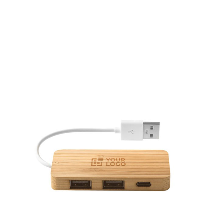 Hub USB 2.0 avec port de type C en bambou et câble avec logo Bamboo