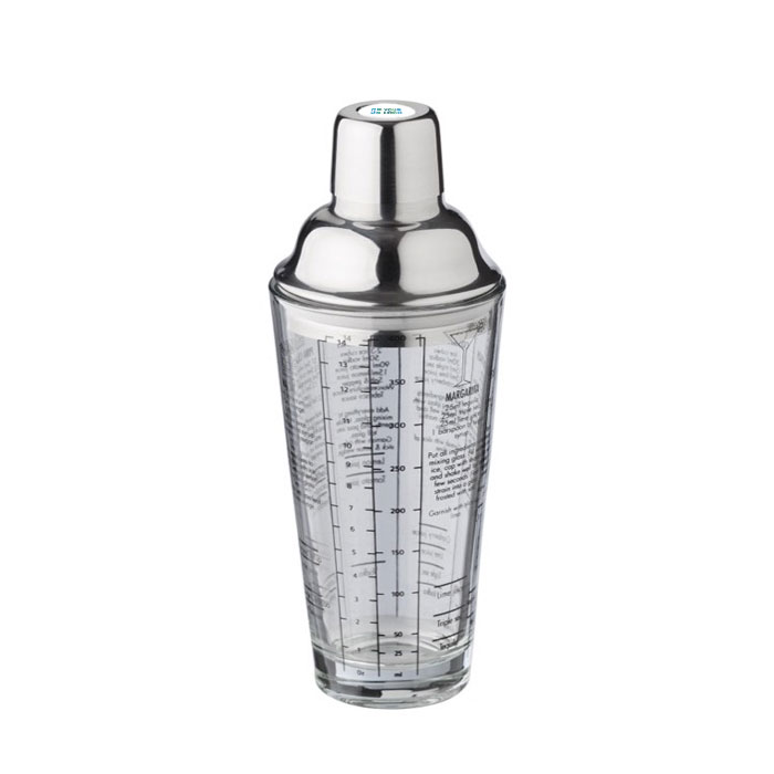 Shaker en verre avec mesures et recettes de cocktails imprimées 400ml