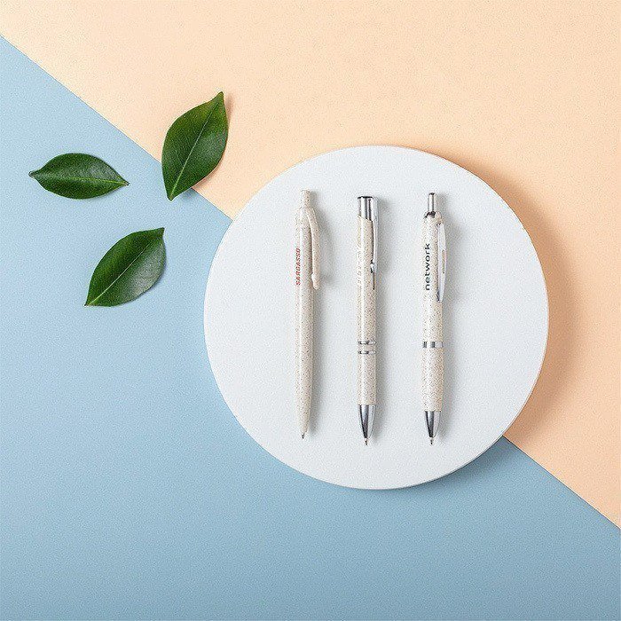 Stylo écologique publicitaire, bouton poussoir encre bleue