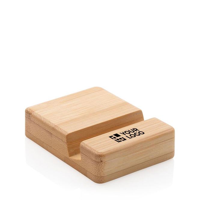 Support pour téléphone carré en bambou pour le bureau couleur marron avec zone d'impression