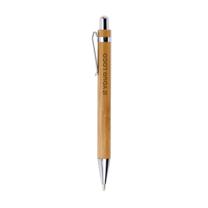 Stylo avec corps en bois et finition chromée à l'encre bleue couleur marron avec zone d'impression