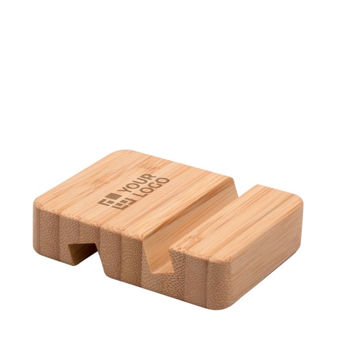 Support pour téléphone carré en bambou pour le bureau couleur bois avec zone d'impression