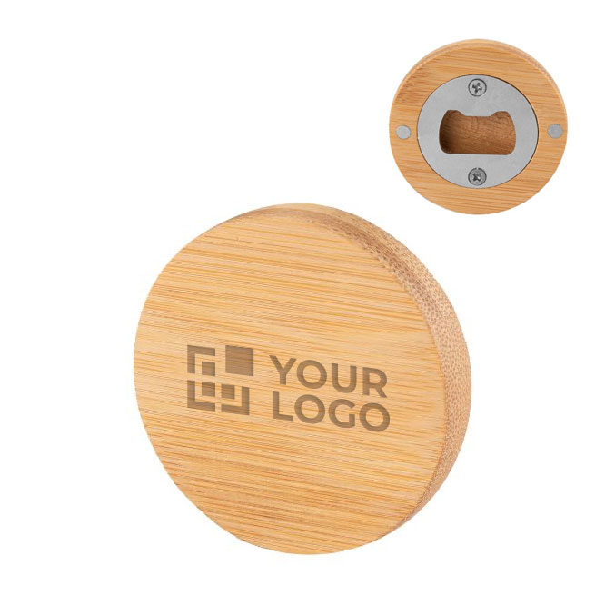 Décapsuleur circulaire dessous de verre en bambou couleur bois avec zone d'impression