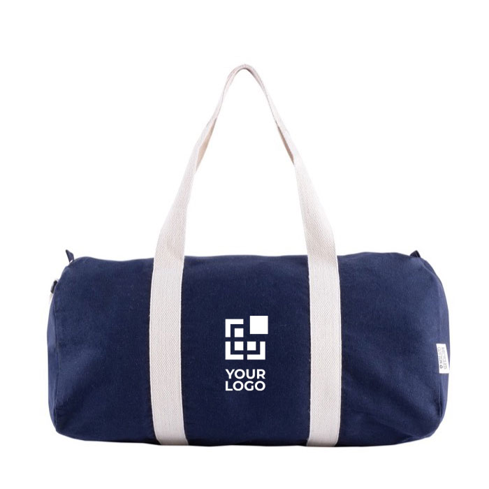 Sac de voyage en denim avec anses et sangle réglable 300 g/m² couleur bleu marine avec zone d'impression