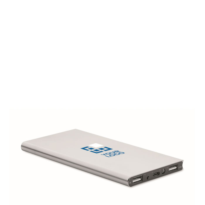 Batterie externe en alu de 8.000 mAh couleur argenté mat vue avec zone d'impression