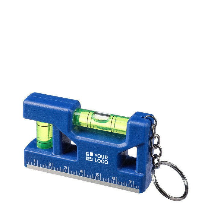Porte-clés avec double niveau à bulle, règle et base magnétique couleur bleu ultramarine avec zone d'impression