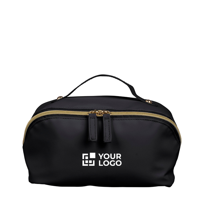 Trousse de toilette en PU avec grand compartiment et anse de transport couleur noir avec zone d'impression