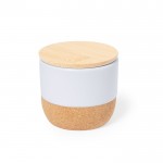 Bougie parfum lin dans un pot en céramique, base en liège couleur blanc première vue