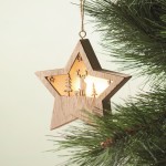 Estrella navideña de madera decorada con luz y cordón para colgar couleur bois sixième vue photographique