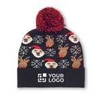 Bonnet de Noël tricoté en acrylique élastique, revers et pompon vue avec zone d'impression