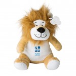 Lion en peluche avec yeux brodés, étiquette personnalisable couleur beige avec zone d'impression