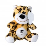 Petit léopard en peluche avec yeux brodés et étiquette couleur multicolore avec zone d'impression