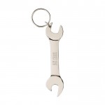 Porte-clés décapsuleur en métal en forme de clé anglaise couleur argenté avec zone d'impression