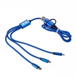 Câble coloré de recharge en nylon à trois connecteurs couleur bleu ultramarine avec zone d'impression