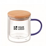 Mug verre double paroi, anse colorée, couvercle bambou 300ml vue avec zone d'impression