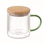 Mug verre double paroi, anse colorée, couvercle bambou 300ml couleur vert transparent