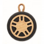 Haut-parleur sans fil en forme de pneu avec cordon couleur bois troisième vue