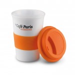 Tasse en céramique personnalisée avec couvercle 400ml couleur  orange deuxième vue avec logo