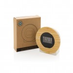Horloge de bureau ronde en bambou couleur bois vue avec boîte