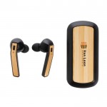 Écouteurs sans fil avec boîtier en bambou couleur noir vue avec logo