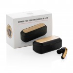 Écouteurs sans fil avec boîtier en bambou couleur noir vue dans une boîte