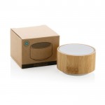 Enceinte sans fil ronde en bambou couleur blanc vue avec boîte