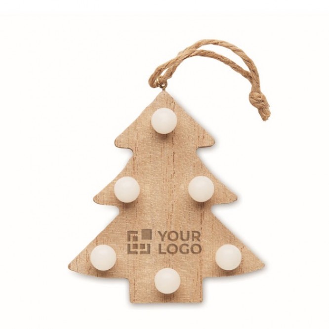 Arbre en bois suspendu avec LED pour les cadeaux de Noël d'entreprises vue avec zone d'impression