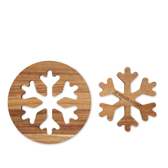 Set de 2 sets de table en bois d'acacia en forme de flocon de neige vue avec zone d'impression