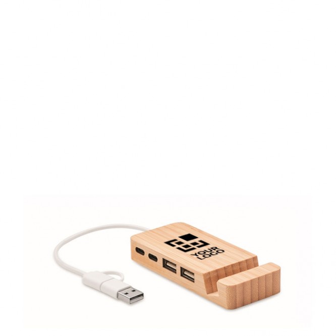 Hub USB en bambou avec 4 ports et câble de 20 cm