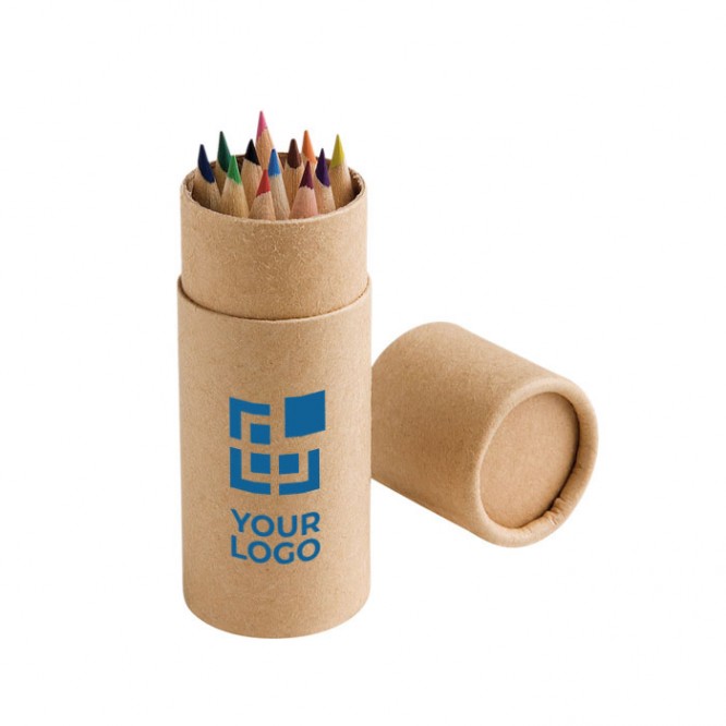 Cylindre en carton avec 12 crayons de couleur avec zone d'impression