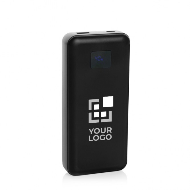 Batterie externe avec câble C et iOS intégrés 20 000 mAh couleur noir avec zone d'impression
