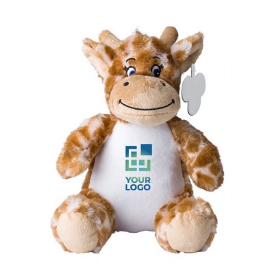 Girafe en peluche avec yeux brodés et étiquette imprimable