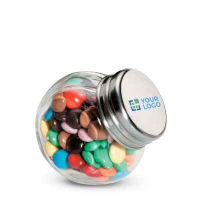 Bonbons personnalisés au chocolat dans un bocal en verre avec couvercle vue avec zone d'impression