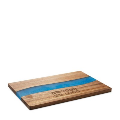 Planche à découper en bois d'acacia avec détails en résine époxy bleue vue avec zone d'impression