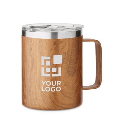 Mug double paroi en acier recyclé avec couvercle et aspect bois 300ml