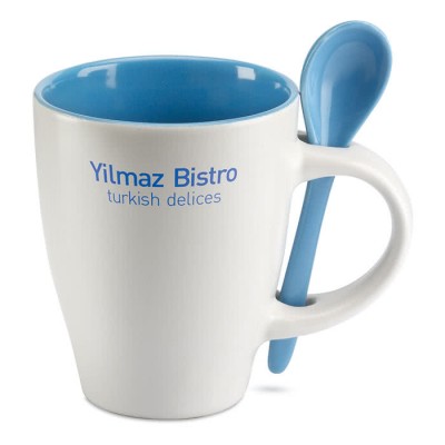Tasse personnalisée avec cuillère de 250 ml couleur  bleu avec logo