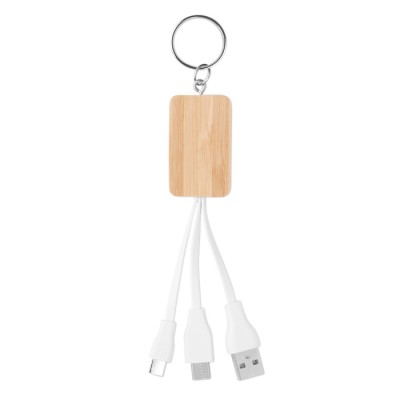 Porte-clés en bambou avec câble de charge couleur bois