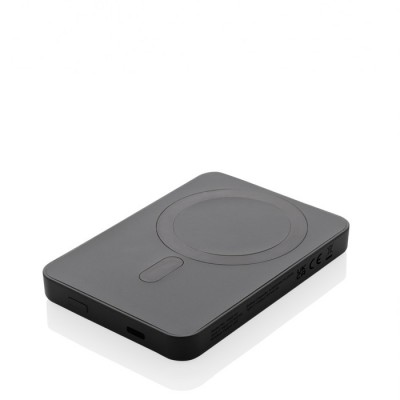 Powerbank sans fil avec aimant et indicateur 5 000 mAh couleur noir avec zone d'impression