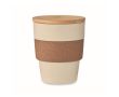 Vaso de plástico reciclado con cinta de corcho y tapa de bambú 300ml couleur beige